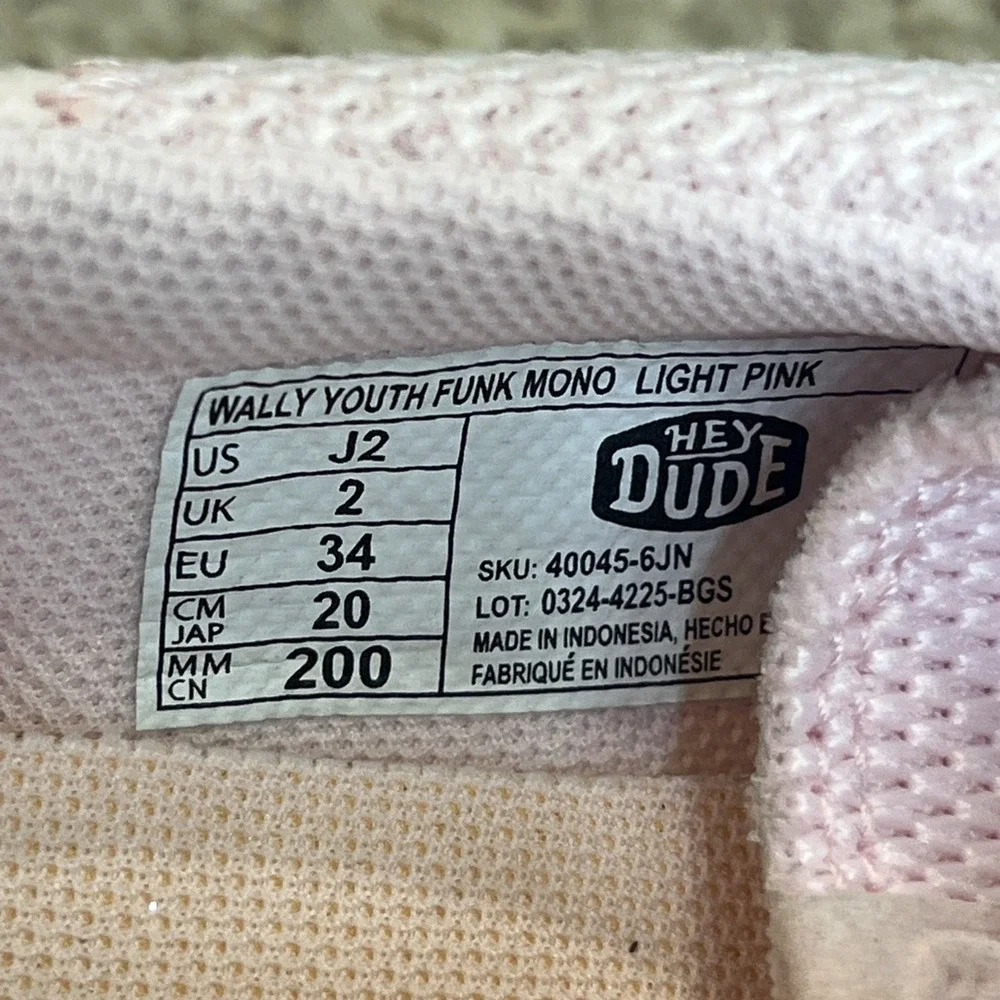 Hey Dude Wally Youth Funk Mono Light Pink Size Youth 2 Walking Shoes Comfort